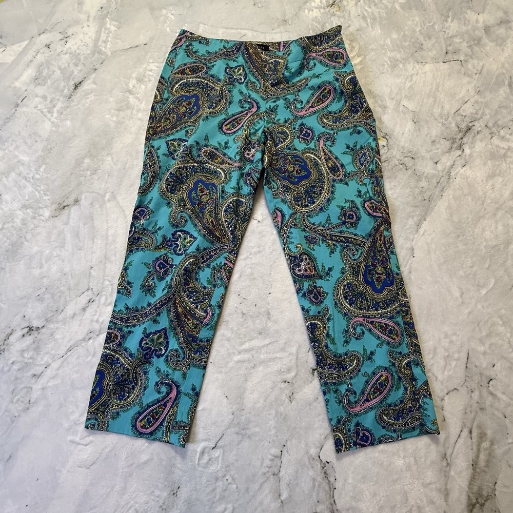 Talbots Pants Womens Size 8 Turquoise Paisley Cotton Blend Modern‎ Capri Crop
